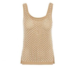 Pearl-Embellished Knit Tank Top in Beige